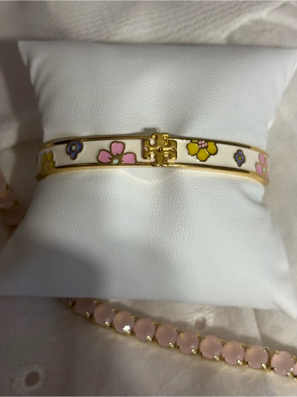 Tory Burch Cream Enamel Floral Logo Hinge Bangle Bracelet